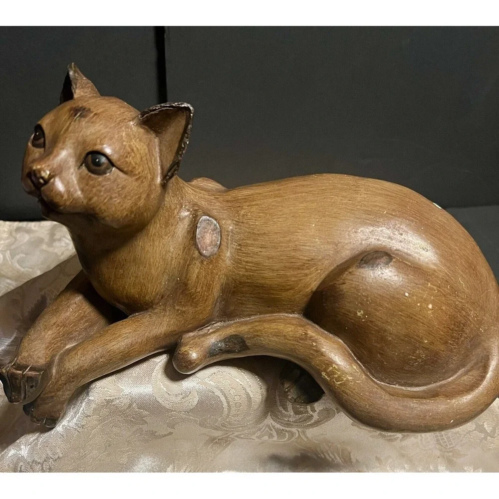 Vintage MCM Rustic Faux Wood Wooden Siamese Handcarved Cat 11